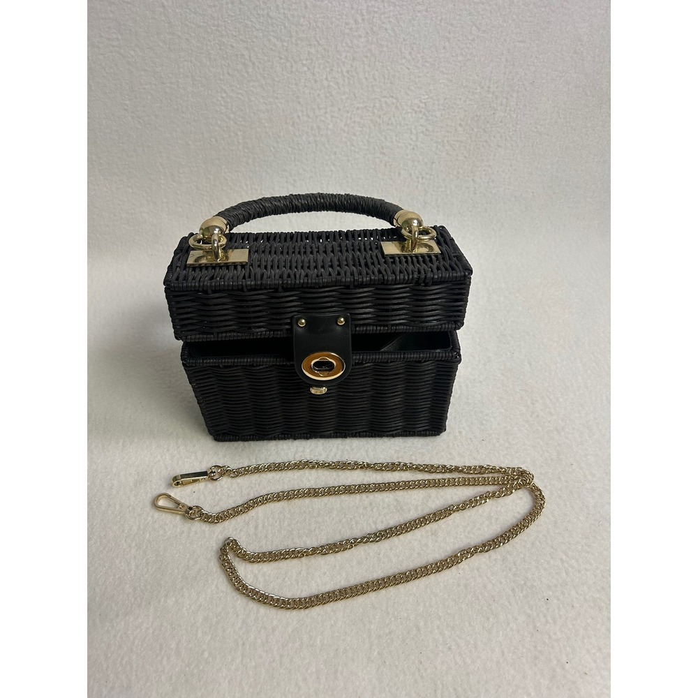 Cottagecore Coastal Zara Women Small Black Woven Wicker Box Bag Crossbody